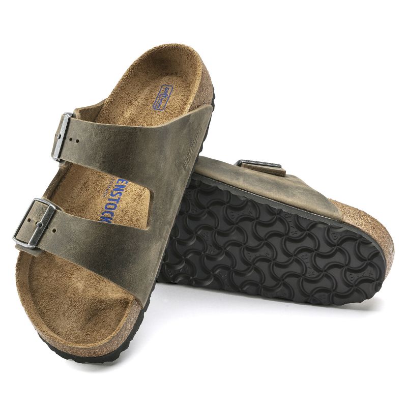 Birkenstock Arizona Soft Footbed Oiled Leather Narrow Faded Khaki Slides for Narrow Feet (1019377)