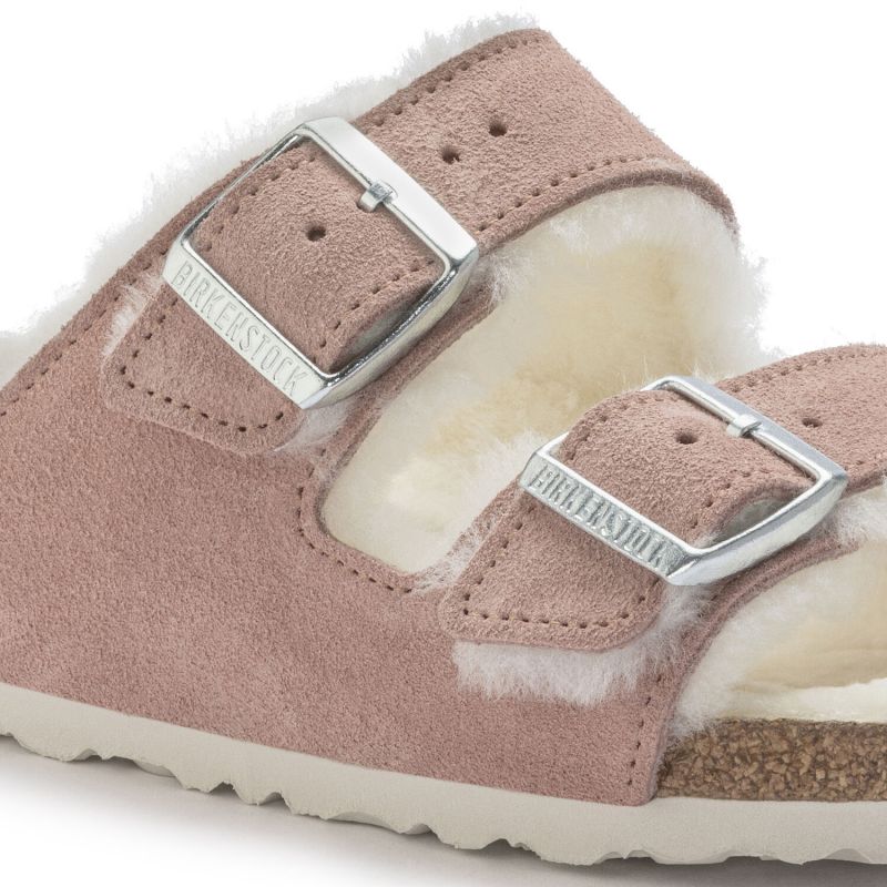 Birkenstock Arizona Suede Leather Shearling Pink Clay LAF Narrow Insulated Slides (1023258)