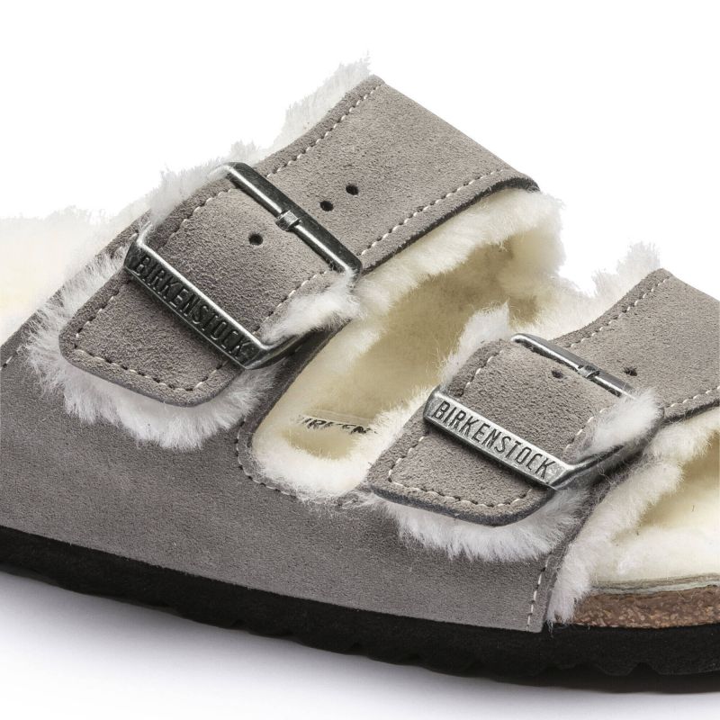 Birkenstock Arizona Shearling Stone Coin Suede with Lambswool Regular Wide Slides for Women/Men (1017402)