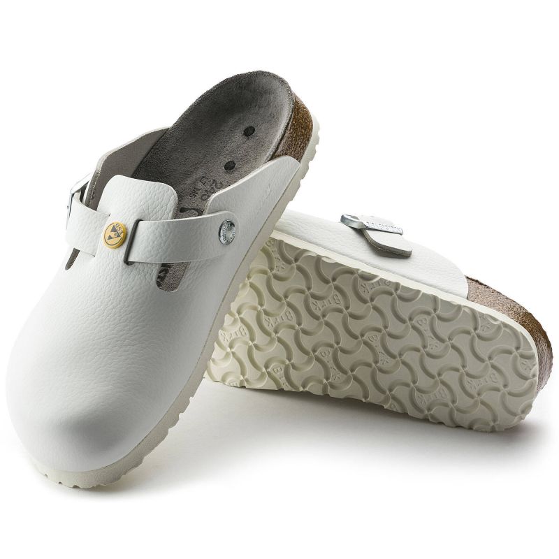 Birkenstock Boston ESD White women's clogs, natural leather, narrow medical slippers (0061378)
