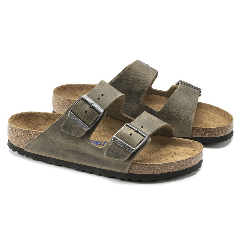 Birkenstock Arizona Soft Footbed Oiled Leather Narrow Faded Khaki Slides for Narrow Feet (1019377)