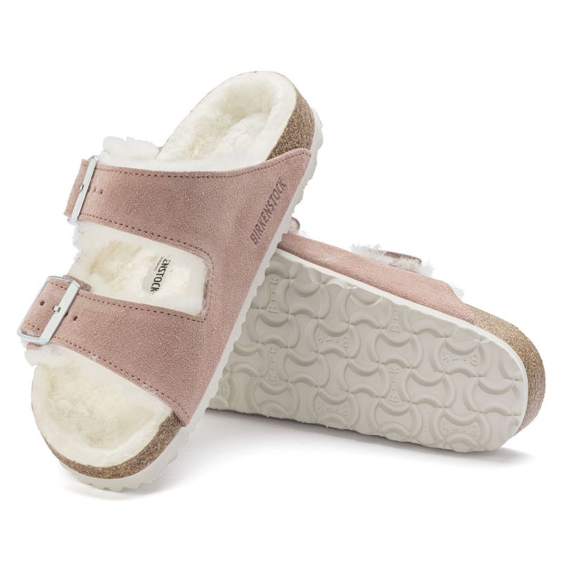 Birkenstock Arizona Suede Leather Shearling Pink Clay LAF Narrow Insulated Slides (1023258)