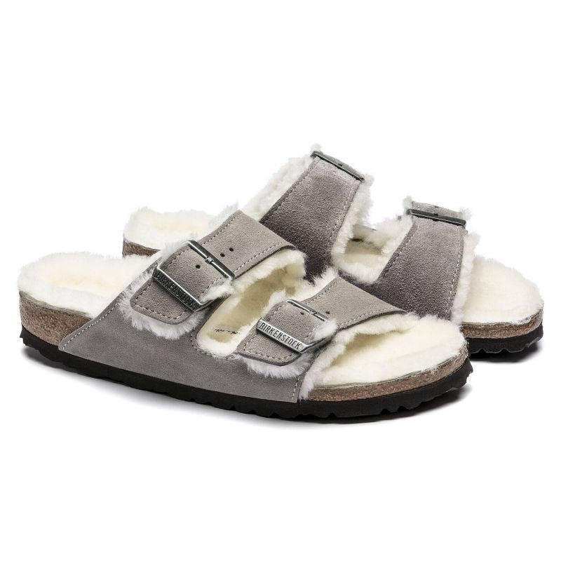 Birkenstock Arizona Shearling Stone Coin Suede with Lambswool Regular Wide Slides for Women/Men (1017402)